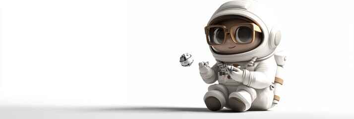 Poster - A cute astronaut character with glasses, playing with a small object in a minimalist setting.