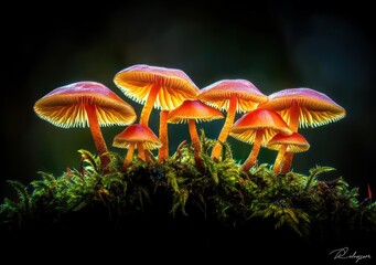 Poster - A vibrant cluster of mushrooms glowing against a dark background, showcasing nature's beauty.