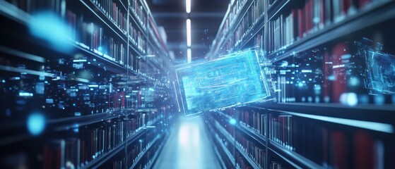 Poster - A futuristic library with a holographic book floating amidst shelves.