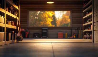 Aufkleber - A cozy workshop with tools and a view of autumn foliage through a large window.