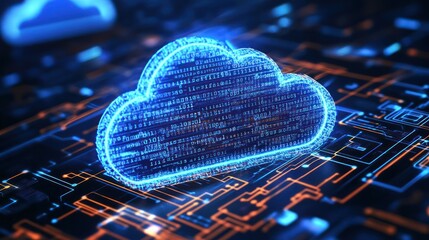 Poster - A glowing cloud symbol over a circuit board background, representing cloud computing technology.