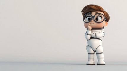 Poster - A cute animated child in a spacesuit, pondering in a minimalist setting.