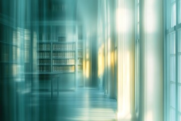 Aufkleber - A blurred view of a library interior with bookshelves and soft lighting.