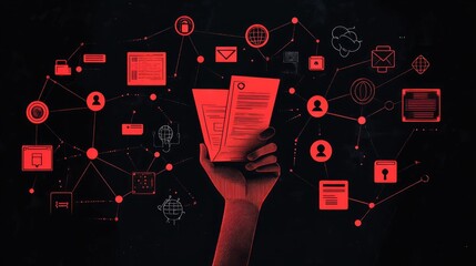 Fototapete - Hand holding documents amidst a network of digital icons.