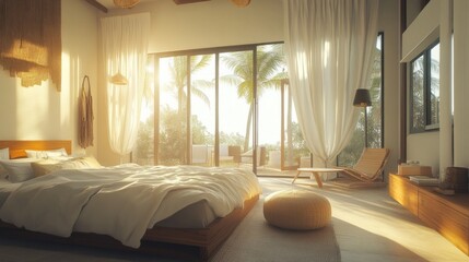 Poster - A bedroom with a large bed and a window that lets in sunlight