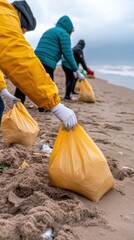 Volunteers clean a beach, collecting trash in yellow bags on a cloudy day, AI