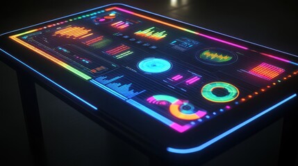 Aufkleber - A futuristic digital interface table displaying vibrant data visualizations and analytics.