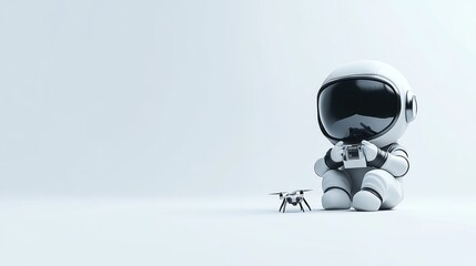 Aufkleber - A small astronaut figure sits on a white surface, controlling a drone.