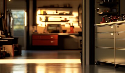 Poster - A well-lit workshop with tools and storage, emphasizing a productive environment.