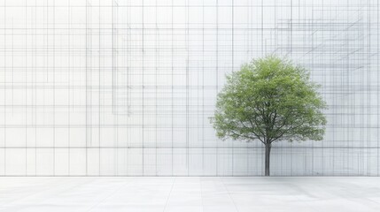 Poster - A solitary tree stands against a minimalist, grid-patterned wall, emphasizing nature and design.