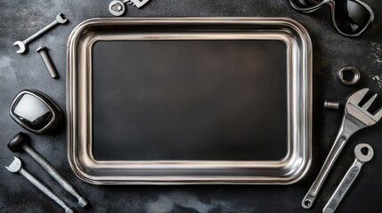 Poster - A collection of tools arranged around a metallic tray on a dark surface.