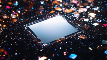 Poster - A reflective surface surrounded by colorful, sparkling particles.