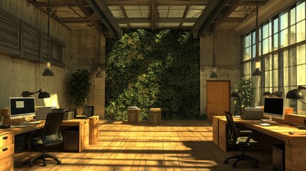 Aufkleber - A modern office space with wooden desks, plants, and large windows for a bright atmosphere.