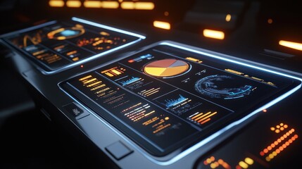 Poster - Two futuristic control panels displaying data visualizations and analytics.
