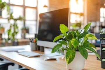 Poster - a modern office workspace featuring a computer and a potted plant.