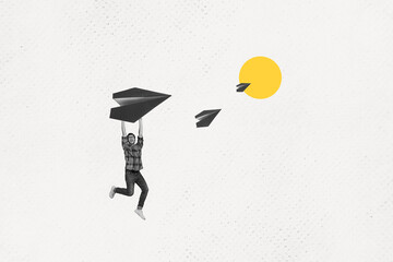 Aufkleber - Metaphor collage creative photo of young funky guy flying paper airplane achieve his goal travel road sun isolated on white background