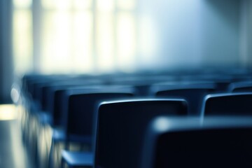 Aufkleber - A blurred view of rows of empty chairs in a spacious, well-lit room.