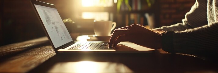 Poster - A person typing on a laptop with a cup of coffee in a warm, cozy setting.