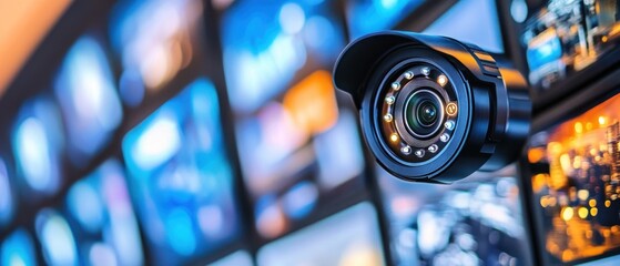 Poster - A surveillance camera positioned in front of multiple video screens, indicating security monitoring.