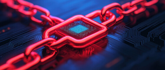 Poster - vibrant red chain link with microchip, symbolizing technology and security