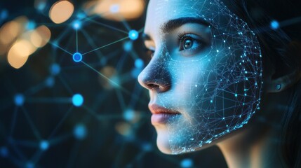 Poster - A digital portrait of a woman with a network of connections overlaying her face.