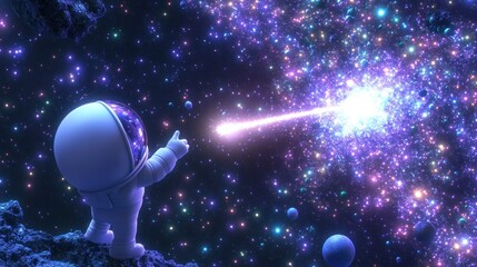 Poster - An astronaut points towards a vibrant galaxy, highlighting the wonders of space exploration.