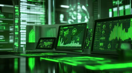 Poster - A futuristic workspace featuring green digital displays and data visualizations.
