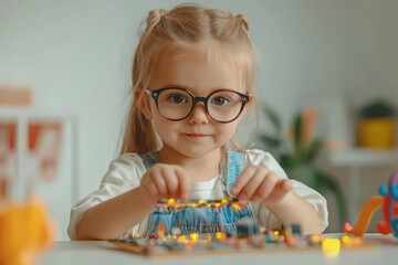 Poster - A young girl with glasses engages with a colorful educational circuit board.