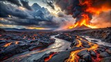 Majestic Eruption of Volcano Displaying Fiery Lava Flow with Dramatic Clouds and Dynamic Sky Colors During Sunset Over Rugged Landscape
