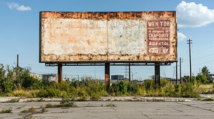 Poster - A weathered billboard stands in an overgrown, abandoned lot, showcasing neglect and decay.