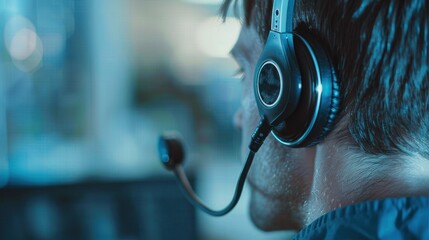 Poster - A person wearing a headset, focused on a task in a tech environment.