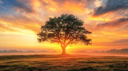 Poster - A large tree stands in a field with a beautiful sunset in the background