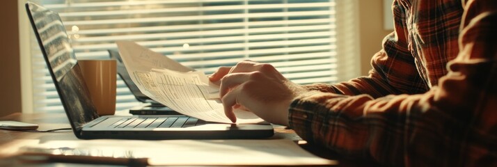 Poster - A person reviewing documents while working on a laptop at a desk with a coffee cup.