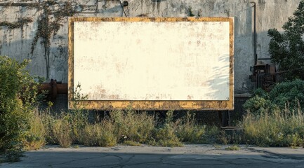 Poster - An empty billboard stands against a weathered wall, surrounded by overgrown vegetation.