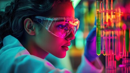 Poster - A focused scientist examines colorful test tubes in a laboratory setting.