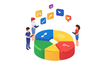 Poster - A colorful pie chart with people analyzing data and communication icons above.