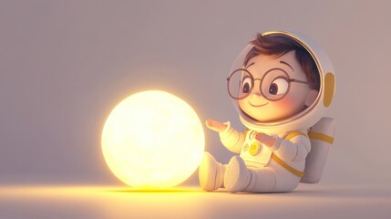Poster - A cute child in a spacesuit interacts with a glowing sun-like sphere.