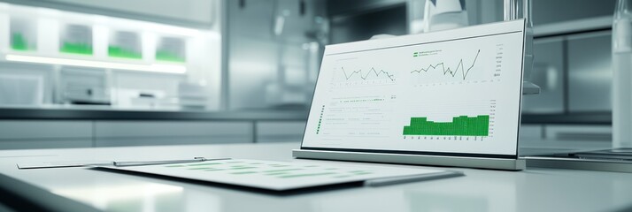 Poster - A digital display showing data trends in a modern laboratory setting.