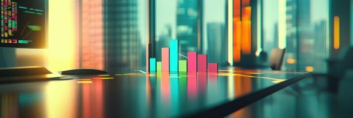 Poster - A modern office scene with colorful bar graphs on a desk, indicating data analysis.