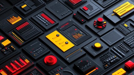 Fototapete - A collection of abstract panels with various controls and displays in red, yellow, and black.