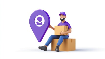 Poster - A delivery person sits with a box and a location pin, symbolizing logistics and shipping.