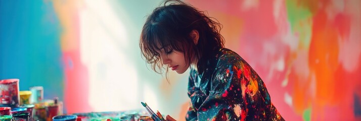 Poster - A creative individual immersed in painting, surrounded by colorful splashes and art supplies.