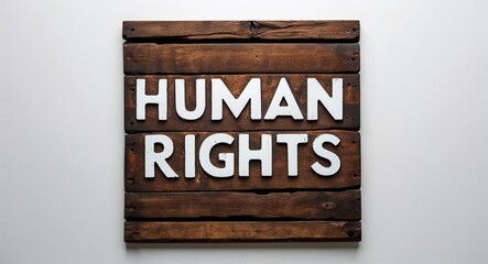 Fototapete - human rights lettering on medieval ancient sign wooden board on plain white background