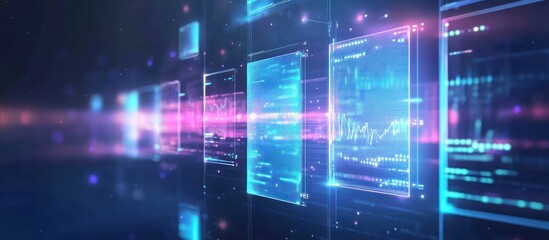 Poster - Abstract digital interface with data visualizations and glowing elements.