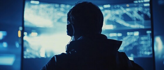 Poster - a person wearing headphones observes multiple screens displaying data and graphics.