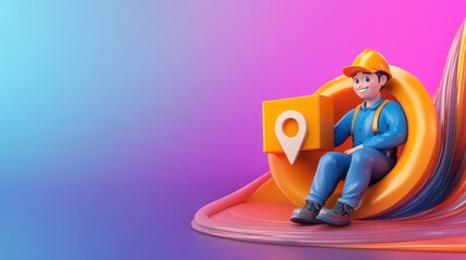 Aufkleber - A 3D character in construction gear holding a location marker, set against a colorful background.