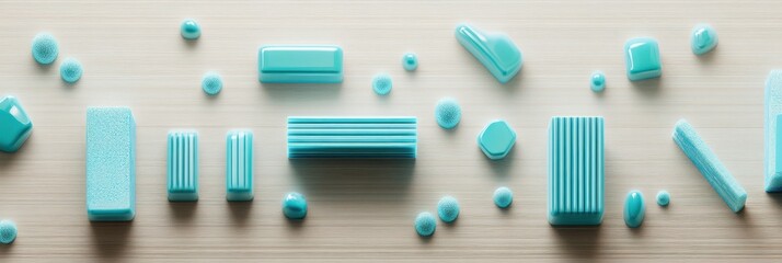 Poster - A collection of turquoise geometric shapes arranged on a surface.