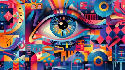 Poster - Whimsical Abstract Doodle Eye Artwork Featuring Vibrant Colors and Dynamic Geometric Shapes for Creative and Artistic Visuals