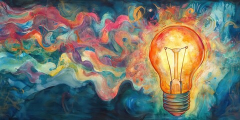Poster - Abstract Watercolor Artwork Featuring a Glowing Light Bulb Surrounded by Vibrant Swirls and Colors, Ideal for Creative and Inspirational Themes