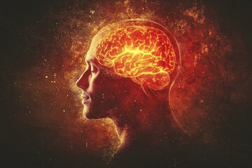 Poster - Side View of Human Head with Brain Illuminated, Symbolizing Human Thought, Emotions, and Creativity in a Vibrant Artistic Representation